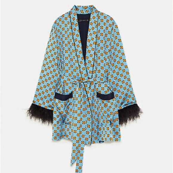 NWOT ZARA Blue and Orange Patterned Kimono with Navy Feather Trim - Picture 1 of 16